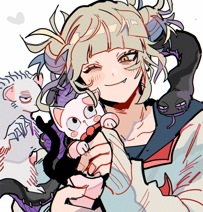 1girl animal bags_under_eyes bangs blonde_hair blunt_bangs blush blush_stickers boku_no_hero_academia cardigan cat character_request collarbone dabi_(boku_no_hero_academia) double_bun fang fang_out hair_bun heart highres holding holding_animal long_sleeves messy_hair mouse one_eye_closed school_uniform serafuku shigaraki_tomura short_hair sidelocks simple_background sleeves_past_wrists slit_pupils smile snake solo stitches toga_himiko white_background yellow_eyes yumei_(jigoku101)