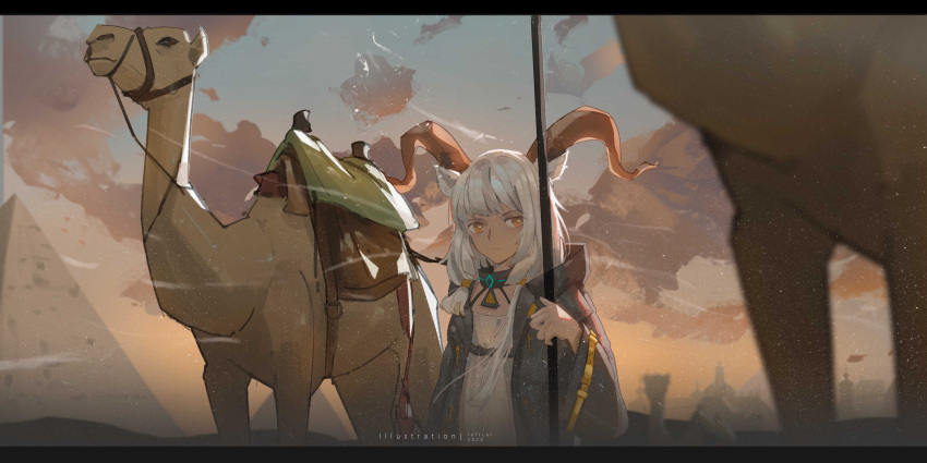 1girl 2020 absurdres animal animal_ears arknights artist_name beeswax_(arknights) black_collar black_jacket camel collar dark-skinned_female dark_skin evening goat_ears goat_girl goat_horns highres holding holding_stick hood hood_down hooded_jacket horns infection_monitor_(arknights) jacket letterboxed loftcat long_hair looking_at_viewer open_clothes open_jacket orange_eyes outdoors pyramid shirt solo stick upper_body white_hair white_shirt