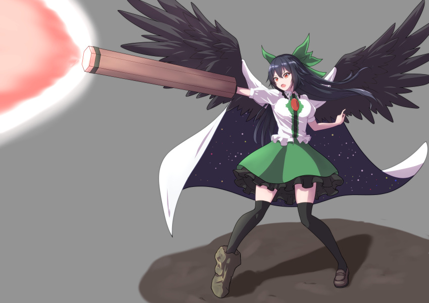 1girl absurdres arm_cannon asymmetrical_footwear bangs bird_wings black_hair black_legwear black_wings bow breasts brown_footwear cape collared_shirt commentary_request control_rod fire frilled_shirt_collar frilled_skirt frills full_body green_bow green_skirt grey_background hair_bow highres long_hair looking_afar medium_breasts mismatched_footwear o1118 open_mouth puffy_short_sleeves puffy_sleeves red_eyes reiuji_utsuho shirt shoes short_sleeves single_shoe skirt solo starry_sky_print thighhighs third_eye touhou weapon white_cape white_shirt wings