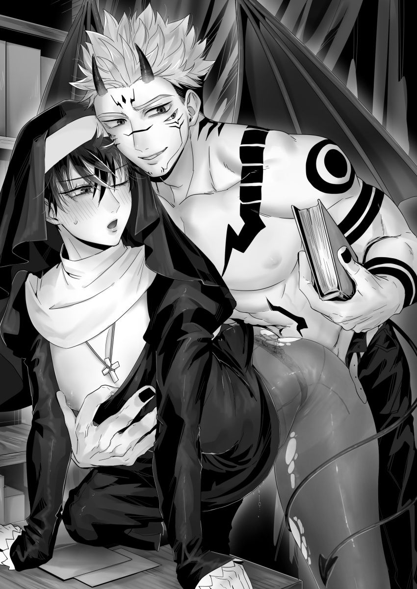 2boys abs absurdres against_table arm_tattoo bangs bible blush book chest_tattoo commentary_request cross cross_necklace crossdressing demon_boy demon_horns demon_tail demon_wings doggystyle extra_eyes eyelashes facial_tattoo fushiguro_megumi greyscale habit hair_between_eyes highres holding holding_book horns iinikukuiita implied_anal implied_sex indoors jewelry jujutsu_kaisen long_sleeves looking_at_another male_focus monochrome multiple_boys muscular muscular_male nail_polish necklace nipple_slip nipples nun one_eye_closed open_mouth open_pants pants parted_lips pectorals ryoumen_sukuna_(jujutsu_kaisen) sex sex_from_behind short_hair shoulder_tattoo smile spiked_hair stomach_tattoo table tail tattoo teeth toned toned_male topless_male torn_clothes torn_legwear undercut undressing_another wings yaoi