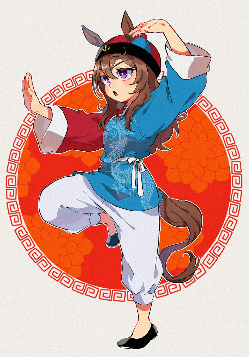 1girl alternate_costume animal_ears arm_up bangs black_footwear brown_hair chinese_clothes chinese_hat ears_through_headwear fighting_stance flats full_body grey_hair hat highres horse_ears horse_girl horse_tail long_hair long_sleeves nakayama_festa_(umamusume) oage_(su4i7ri_u) open_mouth outstretched_arm pants purple_eyes solo standing standing_on_one_leg tail umamusume white_pants