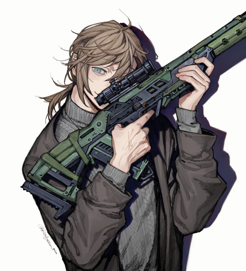 1boy bangs blue_eyes brown_hair brown_jacket grey_sweater gun highres holding holding_weapon jacket kanae_(nijisanji) long_sleeves looking_at_viewer low_ponytail male_focus natsu_(rodysanp) nijisanji open_clothes open_jacket short_ponytail simple_background solo sweater twitter_username virtual_youtuber weapon weapon_request white_background