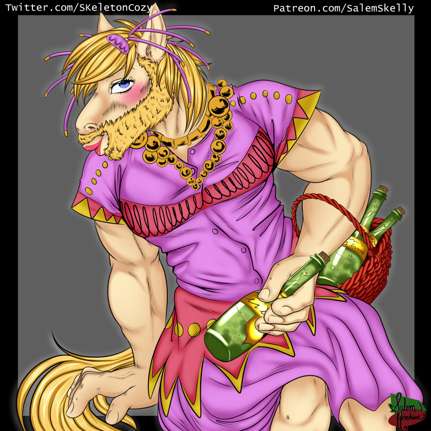 absurd_res alcohol anthro beard beverage blonde_hair blue_eyes chase_(mlp) clothed clothing cosplay crossdressing equid equine facial_hair hair hi_res horse jojo's_bizarre_adventure makeup male mammal muscular muscular_male solo succusalem