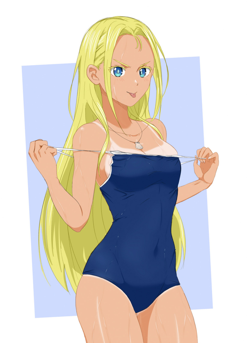 1girl blonde_hair blue_eyes clothes_pull competition_school_swimsuit contrapposto cowboy_shot highres kofune_ushio long_hair looking_at_viewer one-piece_tan school_swimsuit shell_necklace solo standing summertime_render swimsuit swimsuit_pull tan tanlines tongue tongue_out very_long_hair viperxtr