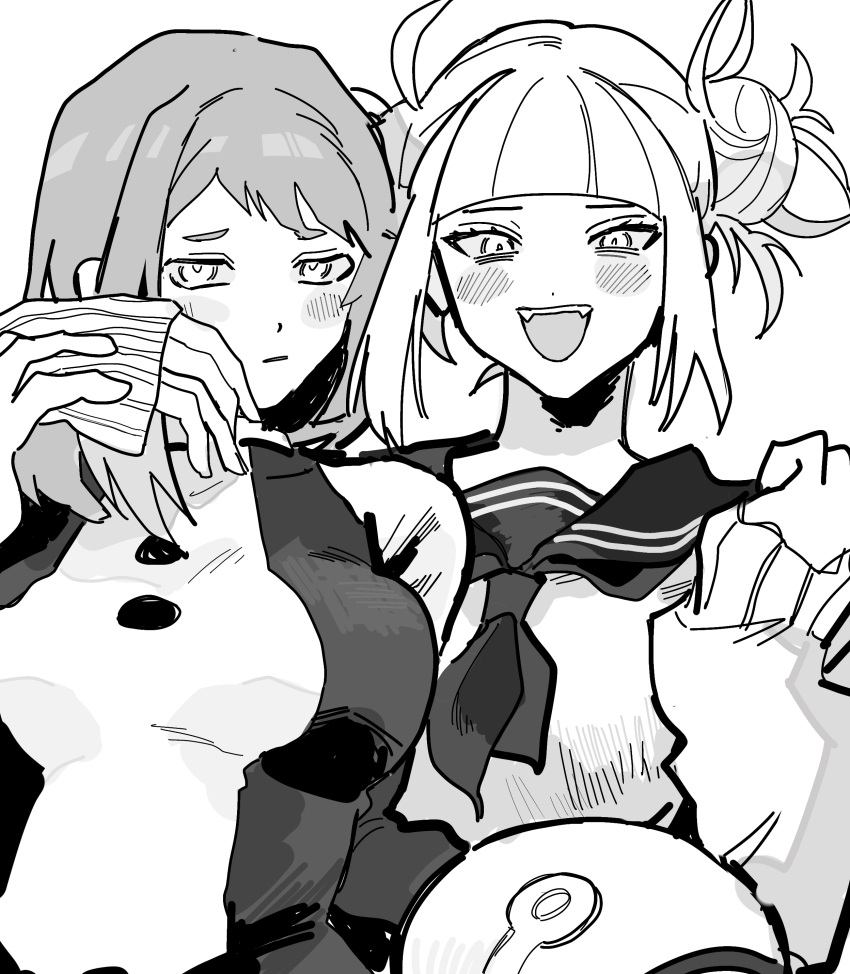 2girls :d absurdres arm_up bags_under_eyes bangs blunt_bangs blush bodysuit boku_no_hero_academia breasts cardigan double_bun fangs furrowed_brow greyscale hair_bun highres holding_another's_wrist long_sleeves looking_at_viewer monochrome multiple_girls open_mouth parted_lips school_uniform short_hair sidelocks simple_background sleeves_past_wrists smile toga_himiko uraraka_ochako yumei_(jigoku101) yuri