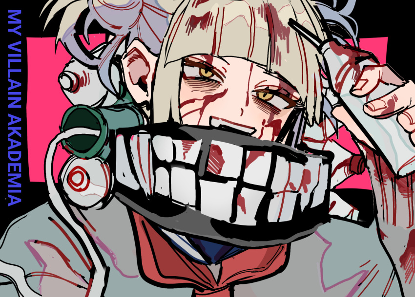 1girl bags_under_eyes bandana bandana_over_mouth bangs black_background black_bandana blonde_hair blood blood_in_hair blood_on_face blood_on_hands blunt_bangs blush boku_no_hero_academia cardigan double_bun english_text fang hair_bun highres long_sleeves messy_hair open_mouth pink_background school_uniform serafuku short_hair simple_background smile solo syringe toga_himiko yellow_eyes yumei_(jigoku101)