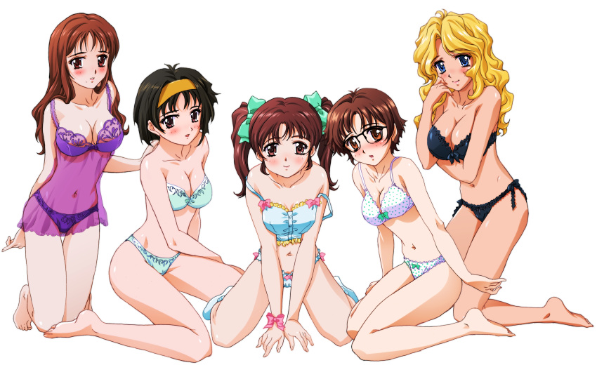 absurdres aqua_bra aqua_panties arm_ribbon arm_under_breasts barefoot black-framed_eyewear black_bra black_hair black_panties blue_eyes blush bow bow_bra bow_panties bra breasts brown_eyes brown_hair hairband hand_on_own_cheek hand_on_own_face highres idol_mahjong_final_romance_2 kneeling large_breasts lingerie long_hair looking_at_viewer medium_breasts mole navel non-web_source official_art open_mouth panties parted_lips photoshop_(medium) ribbon short_hair simple_background small_breasts smile strap_slip strapless strapless_bra sugiyama_genshou twintails underwear underwear_only white_background