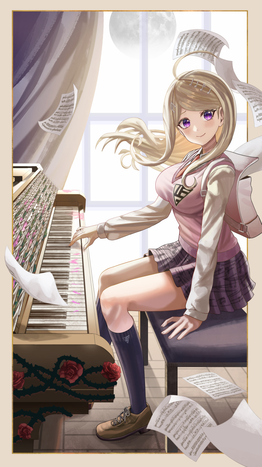 1girl absurdres akamatsu_kaede arm_support backpack bag bangs black_legwear blonde_hair blush breasts brown_footwear collared_shirt curtains danganronpa_(series) danganronpa_v3:_killing_harmony flower flying_paper from_side full_body hair_ornament highres indoors instrument kneehighs large_breasts long_hair long_sleeves looking_at_viewer mixed-language_commentary moon music musical_note musical_note_hair_ornament musical_note_print necktie paper piano pink_sweater playing_instrument playing_piano pleated_skirt purple_eyes red_flower red_necktie red_rose rose school_swimsuit shirt silvertsuki sitting skirt sleeveless sleeveless_sweater smile solo sweater swept_bangs swimsuit window
