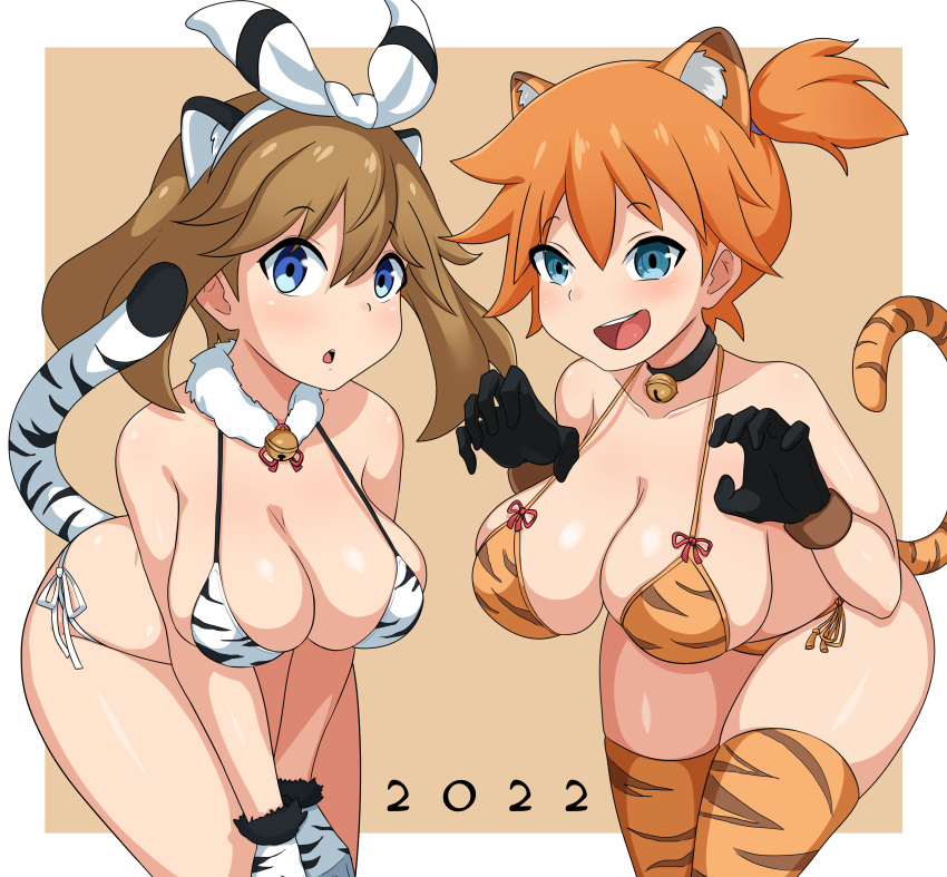 2022 2girls absurdres animal_ears bangs bare_shoulders bell bent_over bikini black_gloves blue_eyes bow breasts brown_hair chinese_zodiac collarbone fake_animal_ears fake_tail gloves hagarza_p hair_between_eyes hair_bow highres large_breasts looking_at_viewer may_(pokemon) misty_(pokemon) multicolored_hair multiple_girls neck_bell new_year orange_hair paw_pose pokemon pokemon_(game) pokemon_oras pokemon_rgby swimsuit tail thighhighs tiger_ears tiger_stripes tiger_tail white_gloves year_of_the_tiger