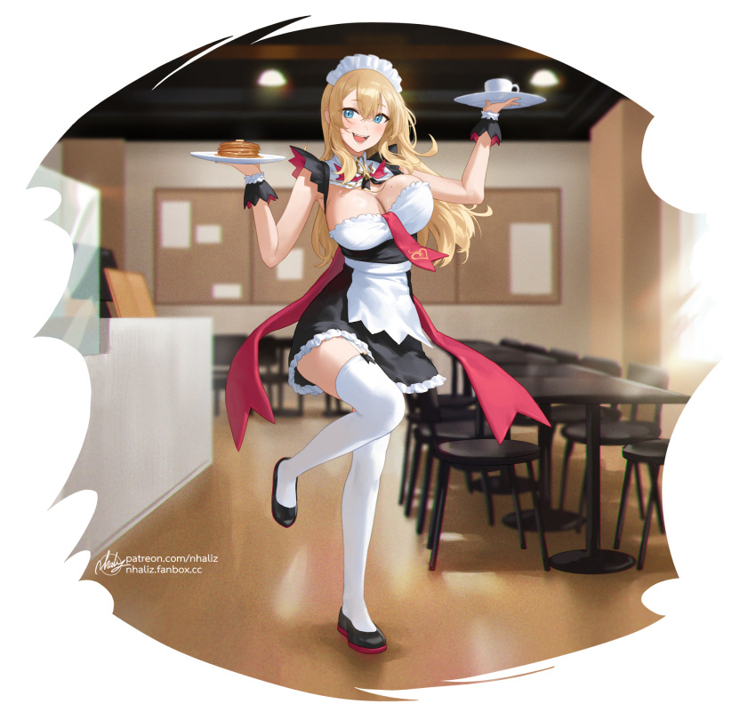 1girl :d black_footwear blonde_hair blue_eyes bouncing_breasts breasts claire_lamund_(nhaliz) cleavage commentary cup dress food full_body highres holding holding_tray indoors large_breasts maid mole_above_eye necktie nhaliz original pancake red_necktie shoes short_dress smile solo standing standing_on_one_leg teacup thighhighs tray white_legwear