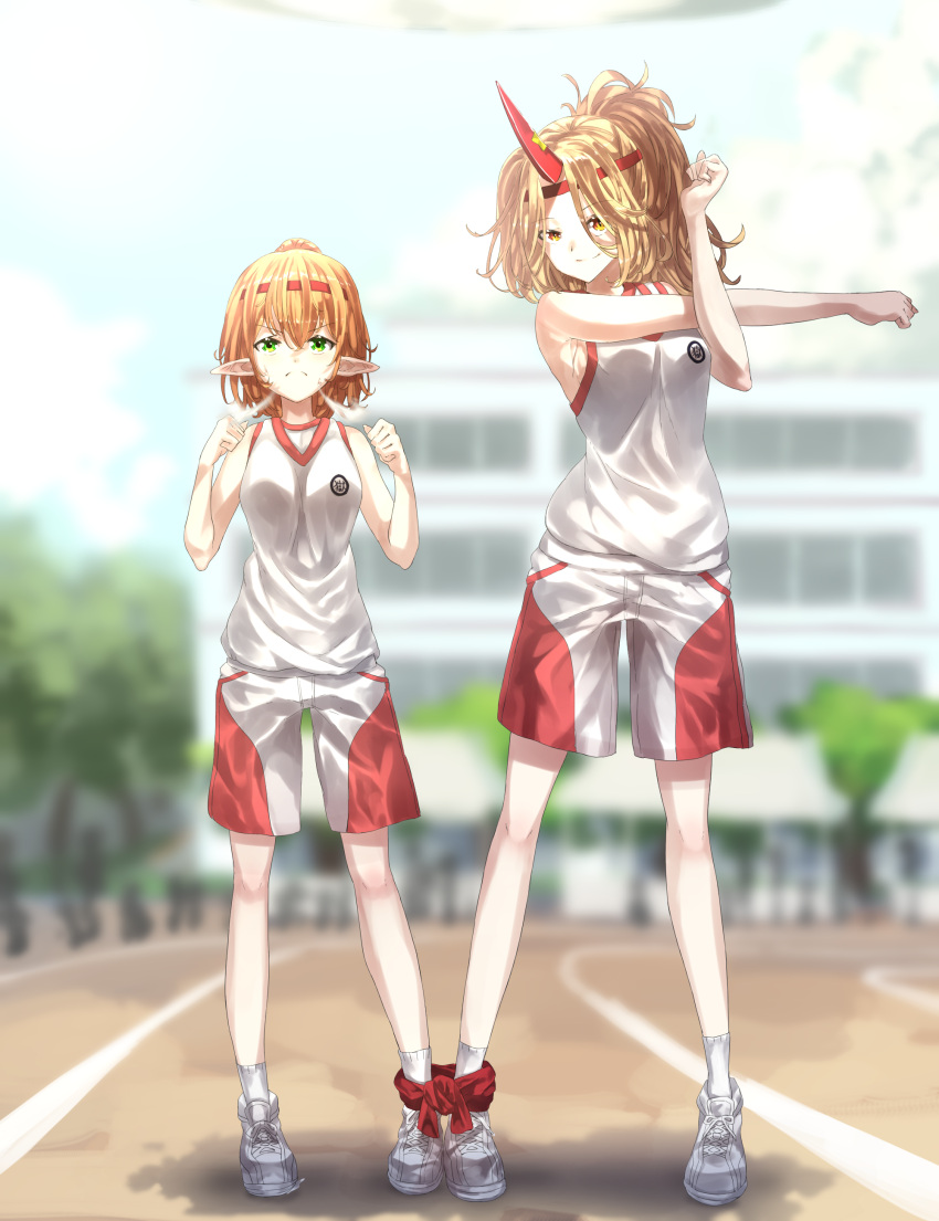 2girls absurdres alternate_costume bangs blonde_hair blurry blurry_background blush breasts closed_mouth commentary_request day full_body green_eyes gym_uniform high_ponytail highres horns hoshiguma_yuugi long_hair looking_at_viewer medium_breasts mizuhashi_parsee multiple_girls outdoors parted_bangs pointy_ears red_horns red_shorts shirt shoes short_hair short_ponytail shorts sideboob single_horn sleeveless sleeveless_shirt smile sneakers socks standing star_(symbol) steam_from_nose stretch sunnysideup touhou track_and_field tree two-tone_shorts white_footwear white_legwear white_shirt white_shorts