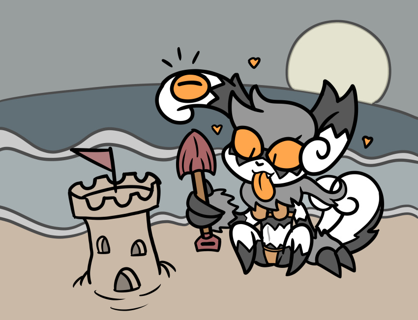 &lt;3 absurd_res anthro beach big_claws bikini black_body black_fur breasts claws clothing cute_fangs dipstick_ears female finger_claws flag_(object) fur galarian_linoone galarian_zigzagoon grey_body grey_fur hi_res hybrid long_ears maskedfurry meowstic mimi_(maskedfurry) multi_tail multicolored_ears neck_tuft nintendo no_sclera orange_eyes orange_tongue pok&eacute;mon pok&eacute;mon_(species) pupils regional_form_(pok&eacute;mon) sand_castle sculpture sea seaside sharp_claws shovel slit_pupils smile solo swimwear tongue tongue_out tools tuft video_games water white_body white_fur