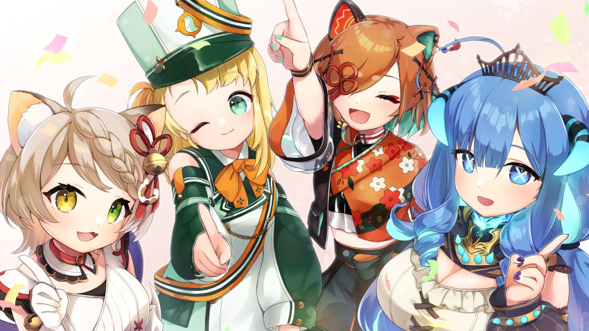 4girls absurdres ahoge animal_ears aqua_eyes aqua_hair bell blonde_hair blue_eyes blue_hair braid braided_bangs cat_ears cat_girl colored_inner_hair commission crown dog_ears dog_girl dullahan green_eyes hair_bell hair_ornament hat heterochromia highres light_brown_hair miyoshino_shiki multicolored_hair multiple_girls nail_polish nekomata one_eye_covered orange_hair pengin_pina penguin_girl power_symbol prism_project prosthetic_ear rikudou_yura second-party_source shako_cap skeb_commission srm343 suzune_nia x_x yellow_eyes