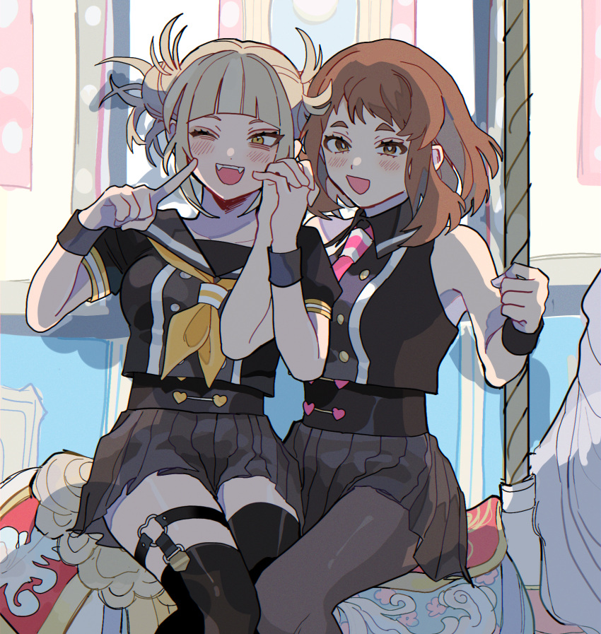 2girls :d alternate_costume arm_up asymmetrical_legwear bags_under_eyes bangs black_legwear blonde_hair blunt_bangs blush boku_no_hero_academia brown_eyes brown_hair buttons carousel couple double-breasted double_bun fangs hair_bun heart heart_print highres holding_hands horse legwear_garter looking_at_viewer messy_hair mismatched_legwear multiple_girls neckerchief necktie one_eye_closed open_mouth pantyhose pink_necktie sailor_collar short_hair sidelocks sidesaddle sitting skirt sleeveless smile toga_himiko uraraka_ochako wristband yellow_eyes yellow_neckerchief yumei_(jigoku101) yuri