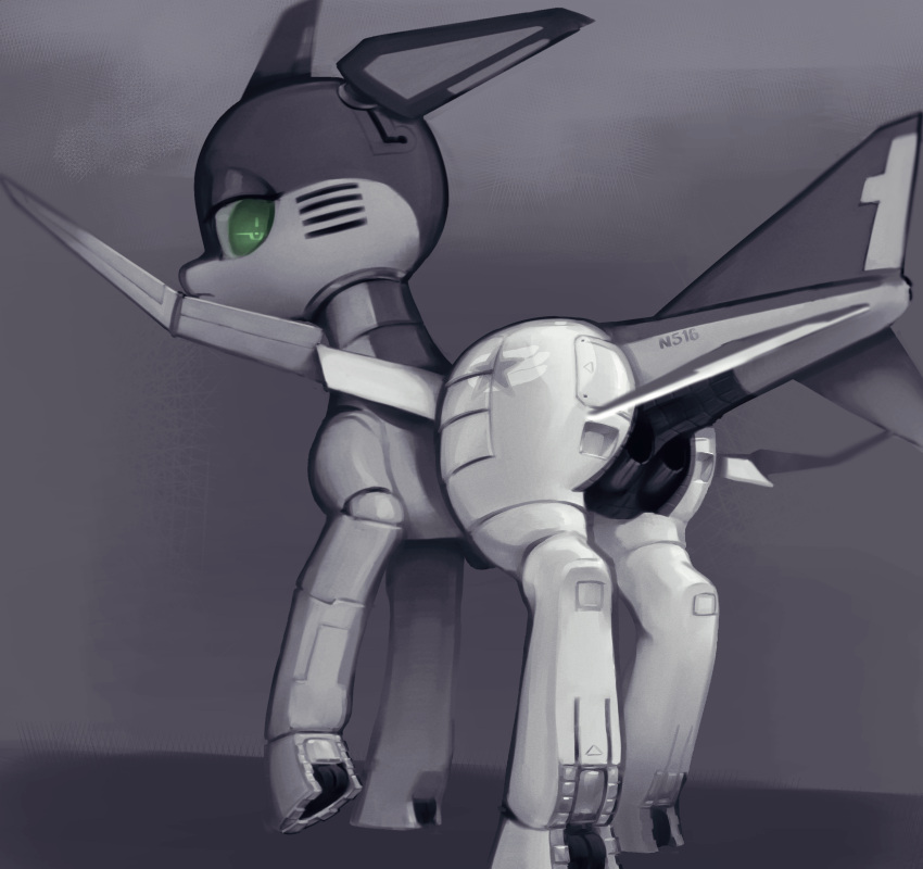 2022 absurd_res aircraft airplane ambiguous_gender butt digital_drawing_(artwork) digital_media_(artwork) equid equine fan_character female_(lore) green_eyes grey_background hasbro hi_res horse hybrid looking_at_viewer mammal metallic_body my_little_pony napalm_express pony quadruped rear_view ruffle_(kek3rino) simple_background solo standing wings
