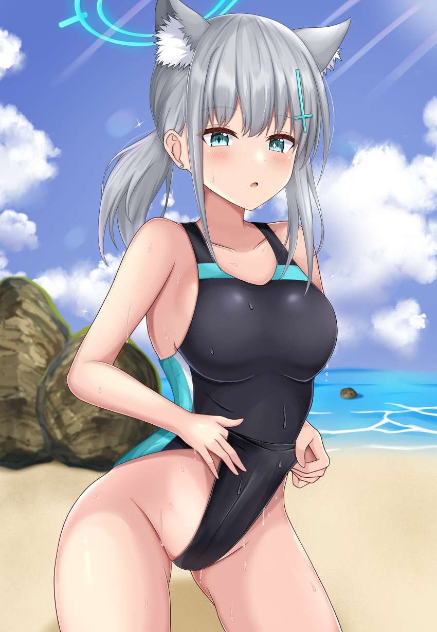 1girl absurdres adjusting_clothes adjusting_swimsuit animal_ear_fluff animal_ears bangs beach blue_archive blue_eyes blue_sky cloud competition_swimsuit cowboy_shot cross_hair_ornament day extra_ears grey_hair hair_ornament halo highres horizon looking_at_viewer magaasha medium_hair mismatched_pupils ocean one-piece_swimsuit outdoors rock shiroko_(blue_archive) shiroko_(swimsuit)_(blue_archive) sky solo standing swimsuit water