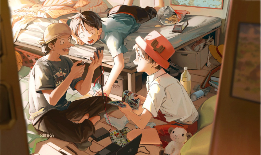 3boys alternate_costume artist_name bag_of_chips bandana bed black_hair blurry blurry_foreground cable casual child chips contemporary food hands_up hat highres holding humanization indoors long_nose looking_at_object lying male_focus monkey_d._luffy multiple_boys on_bed on_floor on_stomach one_piece open_mouth pants potato_chips scar scar_on_cheek scar_on_face shirt short_hair short_sleeves shorts siimka1 sitting smile snack stuffed_animal stuffed_toy tony_tony_chopper usopp wooden_floor younger