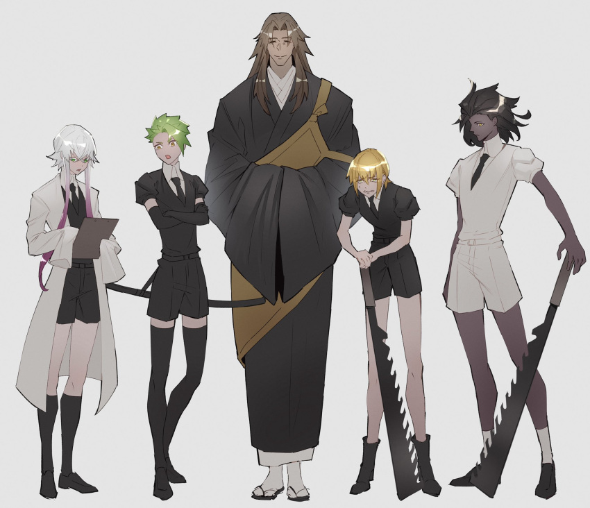 5boys achilles_(fate) asclepius_(fate) bangs belt black_footwear black_gloves black_hair black_jacket black_kimono black_necktie black_shorts blonde_hair boots brown_hair chiron_(fate) clipboard closed_eyes collared_shirt cosplay crossed_arms crossed_bangs curtained_hair dark-skinned_male dark_skin elbow_gloves expressionless facing_viewer fate/grand_order fate_(series) full_body gem_uniform_(houseki_no_kuni) gloves gradient_hair green_eyes green_hair hair_between_eyes hand_on_hilt hands_in_opposite_sleeves hands_on_hilt haruakira heracles_(fate) highres holding holding_clipboard houseki_no_kuni jacket jagged_sword japanese_clothes jason_(fate) kesa kimono kongou_sensei kongou_sensei_(cosplay) labcoat leaning_forward long_hair looking_ahead looking_at_another looking_at_object looking_down multicolored_hair multiple_boys necktie open_mouth parody parted_lips pink_hair profile puffy_short_sleeves puffy_sleeves scowl sheath sheathed shiny shiny_hair shirt shoes short_hair short_hair_with_long_locks short_sleeves shorts simple_background sleeves_past_fingers sleeves_past_wrists smile socks spiked_hair standing straight-on sweatdrop teacher_and_student thighhighs white_background white_hair white_jacket white_shirt white_shorts yellow_eyes zouri