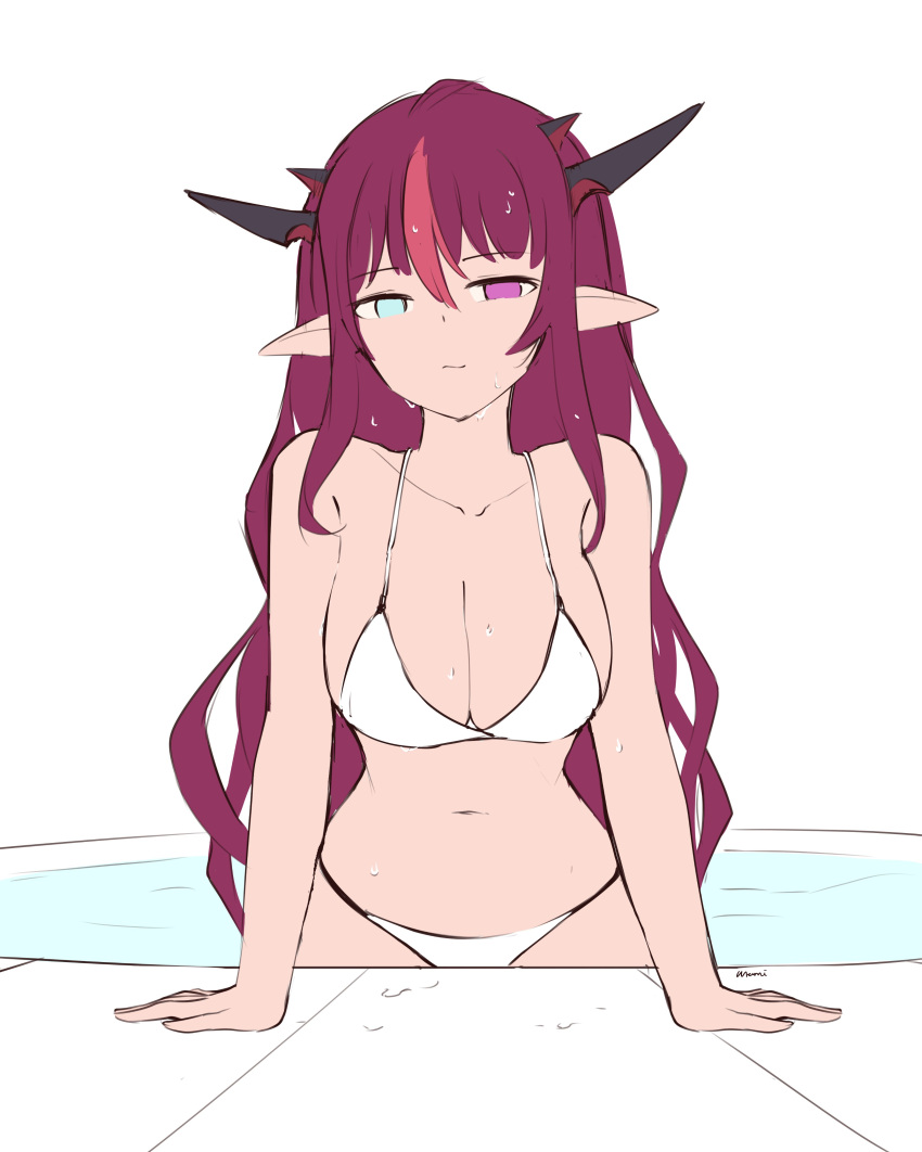 1girl absurdres alternate_costume bangs bare_shoulders bikini breasts cleavage collarbone demon_girl demon_horns disappointed disapproving_stare hair_between_eyes hanging_breasts heterochromia highres hololive hololive_english horns irys_(hololive) large_breasts long_hair looking_at_viewer multicolored_hair multiple_horns namiorii navel pointy_ears pool red_hair signature simple_background solo stomach string_bikini swimsuit upper_body very_long_hair virtual_youtuber water wet wet_clothes white_background white_bikini