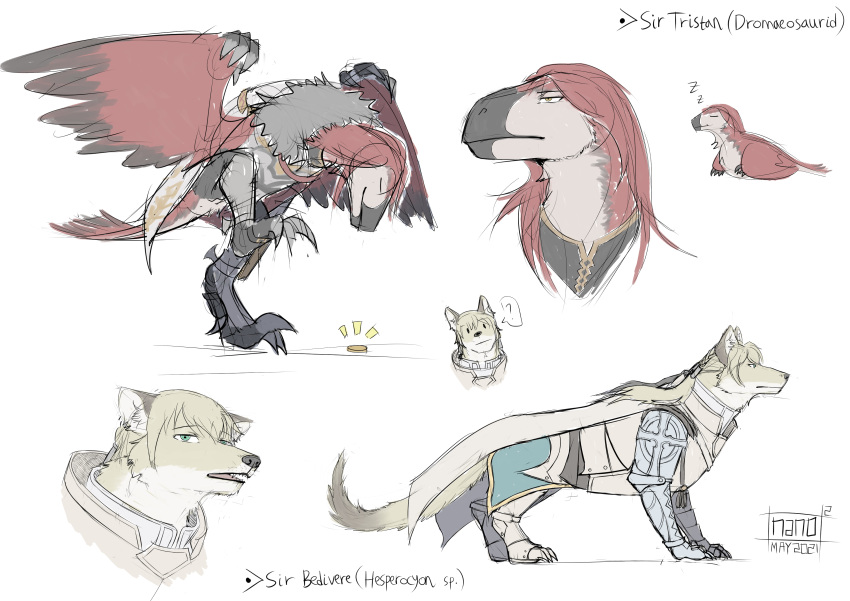 absurd_res archer_tristan canid canine clothed clothing coin dinosaur dromaeosaurid duo eyes_closed feral feralized hi_res male mammal nanoquadrate reptile saber_bedivere scalie theropod