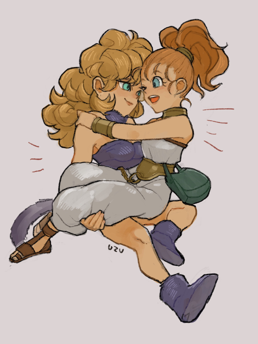 2girls :d ;d artist_name ayla_(chrono_trigger) bag bare_arms bare_shoulders blonde_hair bracer brown_footwear carrying carrying_person cavewoman chain chrono_trigger closed_mouth commentary eye_contact fake_tail green_eyes hand_on_another's_shoulder highres holding long_hair looking_at_another marle_(chrono_trigger) multiple_girls one_eye_closed open_mouth orange_hair pointy_nose ponytail purple_footwear sandals simple_background smile tail teeth upper_teeth uzutanco