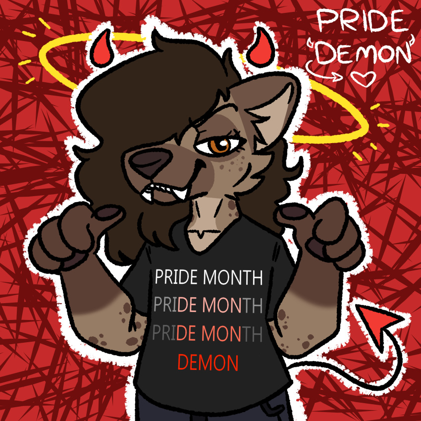 absurd_res angel brown_hair clothing demon female hair helena_(bonk6) hi_res horn hyaenid larhyperhair lgbt_history_month lgbt_pride mammal shirt solo spade_tail text text_on_clothing topwear