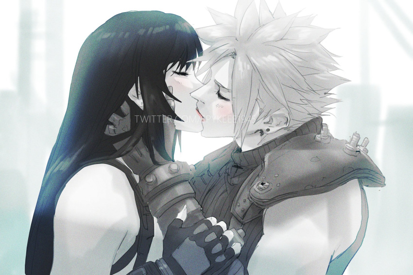 1boy 1girl armor bangs bare_shoulders black_hair blush closed_eyes cloud_strife couple earrings final_fantasy final_fantasy_vii final_fantasy_vii_remake fingerless_gloves gloves hand_on_another's_arm hands_on_another's_face highres jewelry kiss long_hair red_lips shoulder_armor sleeveless sleeveless_turtleneck spiked_hair spykeee suspenders tank_top tifa_lockhart turtleneck twitter_username upper_body watermark