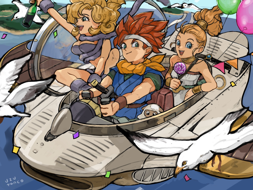1boy 2girls arm_warmers artist_name ayla_(chrono_trigger) balloon bare_arms bare_shoulders bird blonde_hair blue_eyes bottle candy cavewoman chrono_trigger closed_mouth commentary confetti crono_(chrono_trigger) curly_hair epoch fake_tail flying food forehead headband highres holding holding_bottle holding_candy holding_food holding_lollipop island katana lollipop long_hair looking_at_viewer marle_(chrono_trigger) multiple_girls ocean open_mouth outdoors ponytail red_hair shadow short_hair sitting spacecraft spiked_hair sword tail teeth toned toned_male tunic upper_body upper_teeth uzutanco v-shaped_eyebrows weapon white_bird white_headband wine_bottle