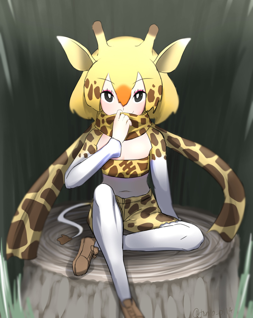 1girl absurdres animal_costume animal_ear_fluff animal_ears black_eyes blonde_hair bra giraffe_ears giraffe_horns giraffe_print giraffe_tail highres horns juuou_giraffe_(kemono_friends) kemono_friends looking_at_viewer multicolored_hair pants pantyhose scarf shoes short_hair sitting solo tail tanio_(tanio_0114) underwear