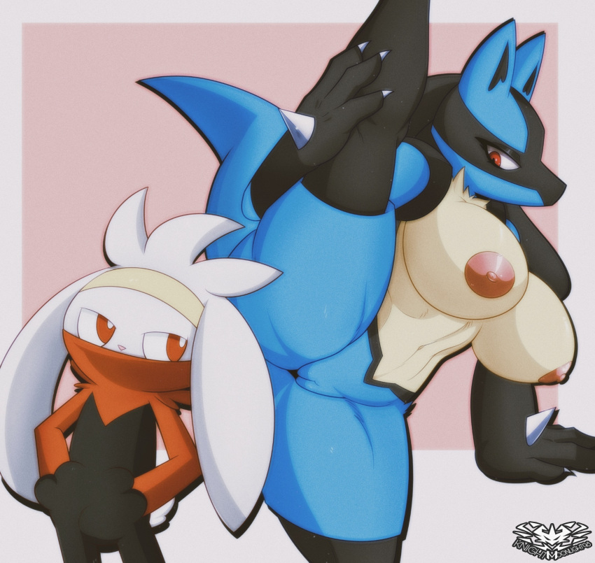 2022 anthro areola breasts digital_media_(artwork) duo fingers flexible genitals hi_res knightmoonlight98 lucario male nintendo nipples one_leg_up pok&eacute;mon pok&eacute;mon_(species) pussy raboot raised_leg splits spread_legs spreading standing vertical_splits video_games