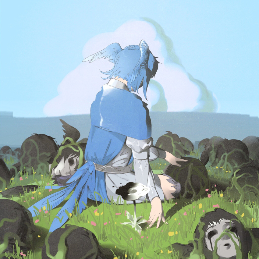 1girl 7enn bird_girl bird_tail bird_wings black_hair black_tears blue_capelet blue_hair blue_sky capelet cloud day facing_away feathered_wings final_fantasy final_fantasy_xiv flower from_behind full_body grass head_wings highres hollow_eyes long_sleeves meteion multiple_persona on_grass outdoors severed_head short_hair sitting sky solo spoilers tail talons white_flower wings