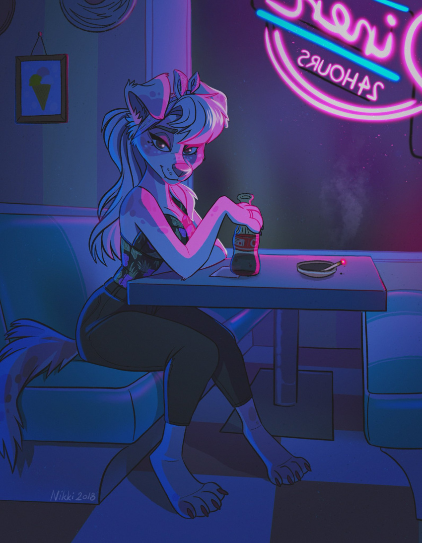 2018 4_toes accessory anthro ashtray barefoot bedroom_eyes beverage biped bottle bottomwear breasts canid canine canis cigarette cigarette_smoke claws closed_smile clothed clothing coca-cola cute_fangs dated detailed_background digital_media_(artwork) diner domestic_dog english_text eyebrows facial_markings feet female finger_claws floatingliights floppy_ears fully_clothed fur glistening glistening_eyes hair hair_accessory head_markings hi_res holding_bottle holding_object inside light lighting lit_cigarette looking_at_viewer mammal markings multicolored_body multicolored_fur narrowed_eyes neon_lights night pants purple_theme ring_(jewelry) seductive signature sitting smile smiling_at_viewer smoke solo spots text toes topwear tube_top yoga_pants