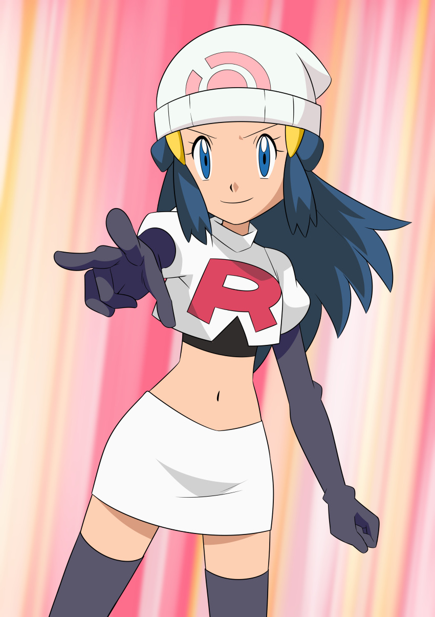 1girl absurdres beanie black_hair blue_eyes boots clenched_hand closed_mouth commentary_request cosplay cropped_jacket dawn_(pokemon) elbow_gloves eyelashes gloves hainchu hair_ornament hairclip hat highres jacket jessie_(pokemon) jessie_(pokemon)_(cosplay) logo long_hair navel outstretched_arm pokemon pokemon_(anime) pokemon_dppt_(anime) sidelocks skirt smile solo team_rocket team_rocket_uniform thigh_boots w white_headwear white_jacket white_skirt