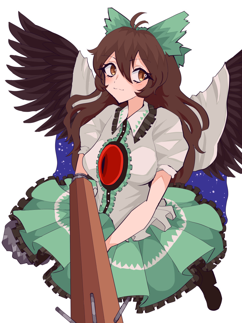 1girl absurdres antenna_hair arm_cannon bangs bird_wings black_footwear black_wings blush bow breasts brown_eyes brown_hair buttons cape center_frills closed_mouth collared_shirt commentary_request control_rod frilled_shirt_collar frilled_skirt frills full_body green_bow green_skirt hair_between_eyes hair_bow highres large_breasts long_hair looking_to_the_side mugi_(mugimugi_9kv) puffy_short_sleeves puffy_sleeves reiuji_utsuho shirt shoes short_sleeves simple_background skirt smile solo starry_sky_print third_eye touhou weapon white_background white_cape white_shirt wings