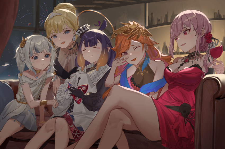 5girls absurdres alcohol bangs black_dress black_hair blonde_hair blue_eyes breasts choker cleavage closed_eyes closed_mouth crossed_legs cup dress drinking_glass earrings feather_earrings feathers flower formal gawr_gura hair_bun hair_flower hair_ornament halo halterneck hand_on_own_face hat highres hololive hololive_english holomyth indoors jewelry jia_ma legs mole mole_on_breast mori_calliope multicolored_clothes multicolored_dress multicolored_hair multiple_girls ninomae_ina'nis official_alternate_costume one_eye_closed orange_hair pink_eyes pink_hair ponytail red_dress rose single_hair_bun sitting sleeveless sleeveless_dress smile takanashi_kiara tentacle_hair tiara toga two-tone_hair virtual_youtuber watson_amelia white_dress wine wine_glass