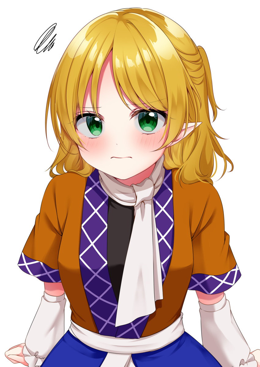 1girl absurdres arm_warmers bangs belt black_shirt blonde_hair blue_skirt blush breasts brown_shirt closed_mouth eyes_visible_through_hair green_eyes highres looking_at_viewer medium_breasts mizuhashi_parsee open_clothes open_shirt parted_bangs pointy_ears ponytail scarf shinonome_asu shirt short_hair short_ponytail short_sleeves simple_background skirt solo standing t-shirt touhou white_background white_belt white_scarf