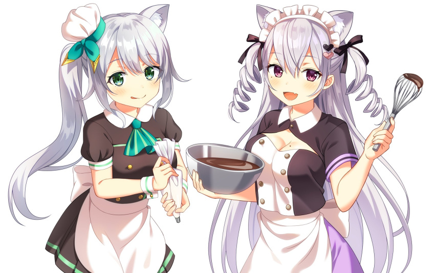 2girls :d :p animal_ear_fluff animal_ears apron ascot black_dress black_ribbon bow bowl breasts cat_ears chef_hat chocolate cleavage cleavage_cutout clothing_cutout commentary_request cooking dress drill_hair extra_ears fang green_ascot green_bow grey_hair hair_between_eyes hair_ornament hair_ribbon hand_up hat heart heart_hair_ornament highres hizuki_miu holding holding_bowl holding_whisk hourei_tenten licking_lips long_hair maid maid_headdress medium_breasts melty+ mini_hat mixing_bowl mole mole_under_eye multiple_girls pastry_bag pleated_dress puffy_short_sleeves puffy_sleeves ribbon short_sleeves side_ponytail sidelocks simple_background skin_fang smile sweet_magic_(vocaloid) tongue tongue_out twin_drills very_long_hair virtual_youtuber wactor_production waist_apron whisk white_apron white_background wing_collar yuusa