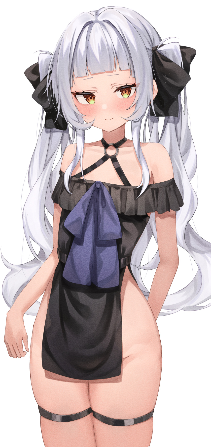 1girl absurdres bare_shoulders blush bottomless bow collarbone dress frills grey_hair hair_bow highres hololive long_hair mizuongaku murasaki_shion short_eyebrows simple_background solo thigh_strap thighs twintails very_long_hair virtual_youtuber white_background yellow_eyes