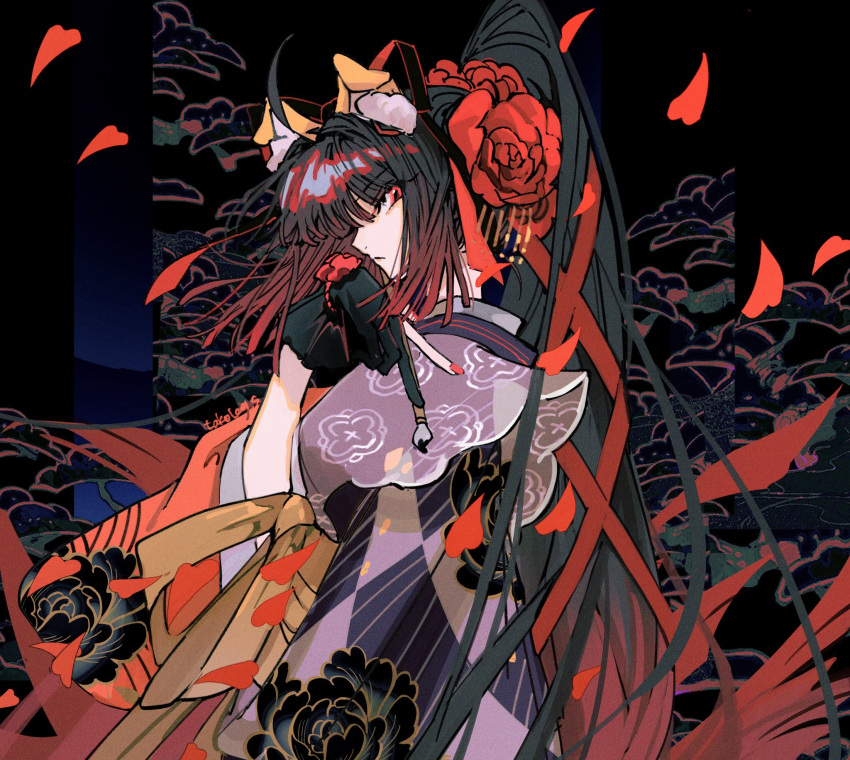 1girl ahoge animal_ears bangs black_gloves black_hair breasts calligraphy_brush checkered_clothes checkered_kimono dog_ears endo_(takolegs) fate/grand_order fate_(series) flower gloves gradient_hair hair_flower hair_ornament hair_ribbon highres japanese_clothes kimono long_hair long_sleeves looking_at_viewer multicolored_hair paintbrush petals ponytail red_eyes red_hair red_ribbon ribbon sash sidelocks solo very_long_hair wide_sleeves