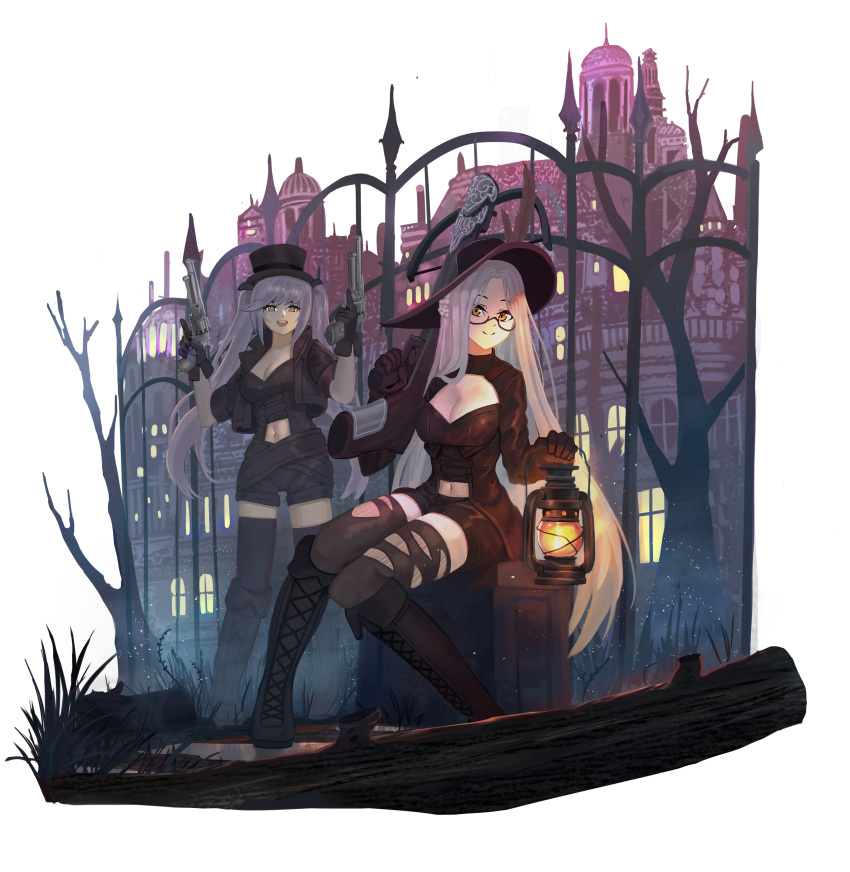 2girls absurdres alternate_costume azur_lane black_footwear black_headwear black_jacket black_shorts boots breasts brown_coat brown_gloves c.h.a cleavage clothing_cutout coat cropped_jacket cross-laced_footwear dual_wielding essex_(azur_lane) full_body gloves gun highres holding holding_gun holding_lantern holding_weapon jacket knee_boots lantern log medium_breasts midriff_peek multiple_girls navel oil_lamp open_clothes open_jacket orange_eyes outdoors over_shoulder purple_hair revolver rifle semi-rimless_eyewear shangri-la_(azur_lane) shorts sitting stomach_cutout thighhighs twintails weapon weapon_over_shoulder white_background