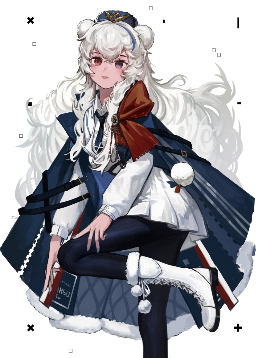 1girl absurdres animal_ears arknights bear_ears bear_girl bear_tail black_legwear blue_cape blue_eyes blue_headwear blue_nails blue_necktie boots bow cape collared_dress dress fur-trimmed_cape fur_trim hair_between_eyes hat heterochromia highres leg_up lips long_sleeves looking_at_viewer necktie pantyhose peach21 pom_pom_(clothes) red_bow red_eyes rosa_(arknights) sidelocks simple_background solo standing standing_on_one_leg tail ursus_empire_logo white_background white_dress white_footwear white_hair