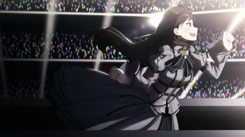 1girl audience bangs black_ribbon brown_eyes brown_hair concert dress grey_dress highres idolmaster idolmaster_million_live! idolmaster_million_live!_theater_days kitazawa_shiho liselsia long_hair open_mouth puffy_sleeves ribbon yellow_eyes