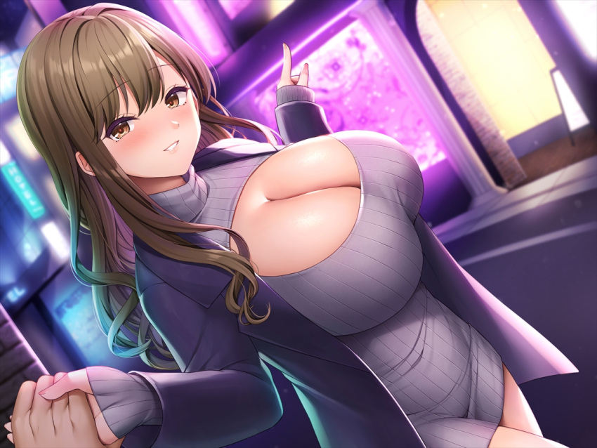 1girl bangs black_jacket blush breasts brown_eyes brown_hair cleavage cleavage_cutout clothing_cutout commentary_request dutch_angle grey_sweater grin holding_hands jacket large_breasts long_hair long_sleeves meme_attire original outdoors pointing pov sidelocks smile sweater turtleneck turtleneck_sweater virgin_killer_sweater wakuta_chisaki walking wavy_hair