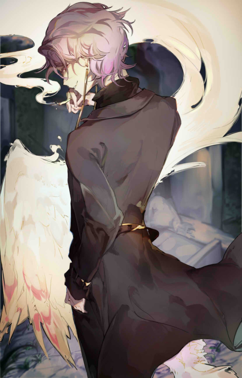 1boy belt black_coat black_sweater chinese_commentary cigarette coat commentary_request earrings feathered_wings grin highres holding holding_cigarette jewelry long_sleeves male_focus no_gloves pink_eyes purple_hair saibou_shinkyoku short_hair smile solo sweater theodore_riddle turtleneck turtleneck_sweater white_wings wings zxzy520