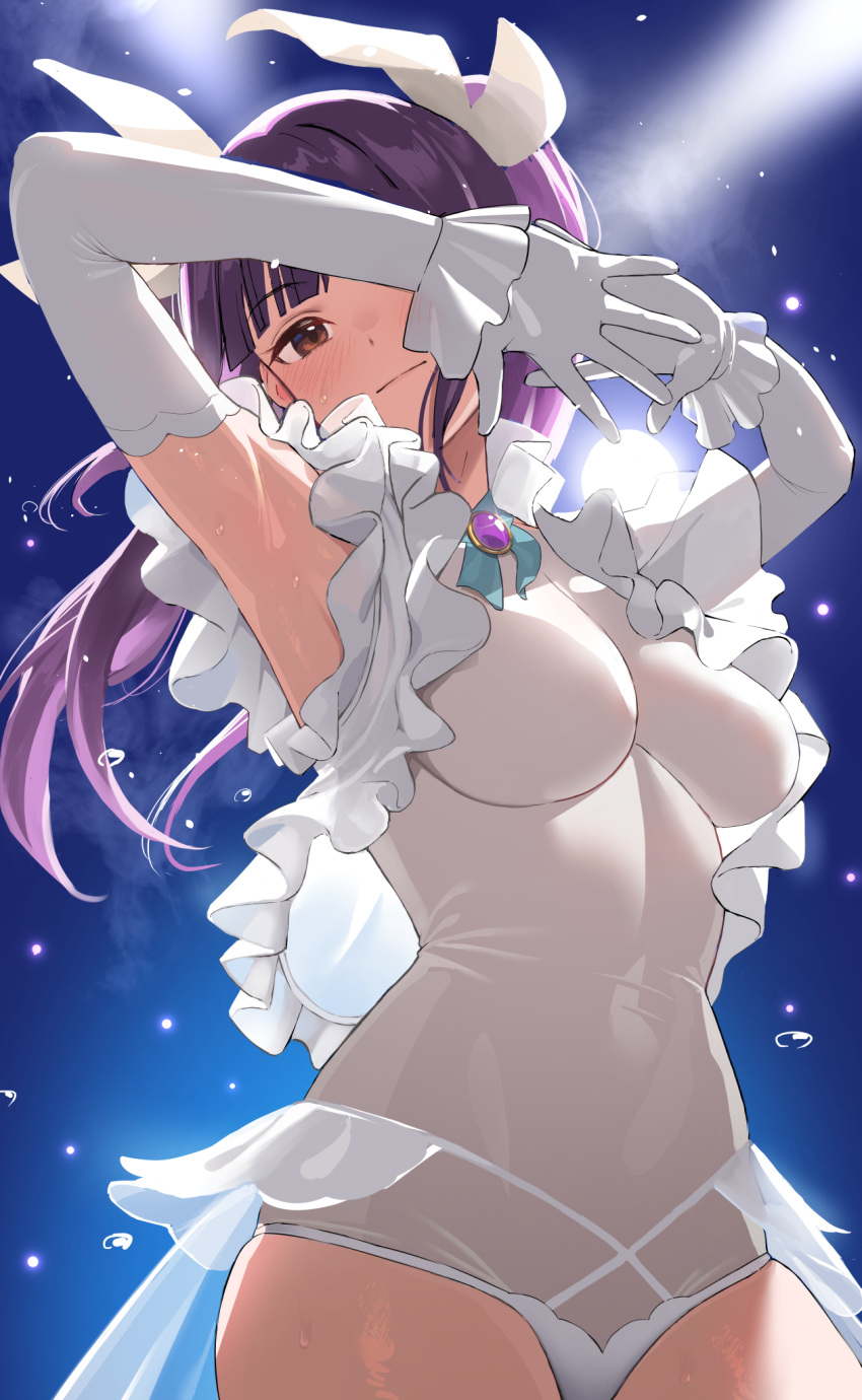 1girl aqua_ribbon armpits arms_up bangs blue_background blunt_bangs blush breasts brooch brown_eyes closed_mouth commentary cowboy_shot elbow_gloves floating_hair flying_sweatdrops frilled_gloves frills from_below glint gloves gradient gradient_background hair_ribbon highres idol jewelry kuon_nanami leotard light_particles light_smile long_hair looking_at_viewer medium_breasts neck_ribbon one_eye_covered own_hands_together paripi_koumei purple_hair ribbon see-through shiny shiny_hair showgirl_skirt skin_tight solo stage_lights standing sweat taniguchi_daisuke_(surumenium) twintails white_gloves white_leotard white_ribbon