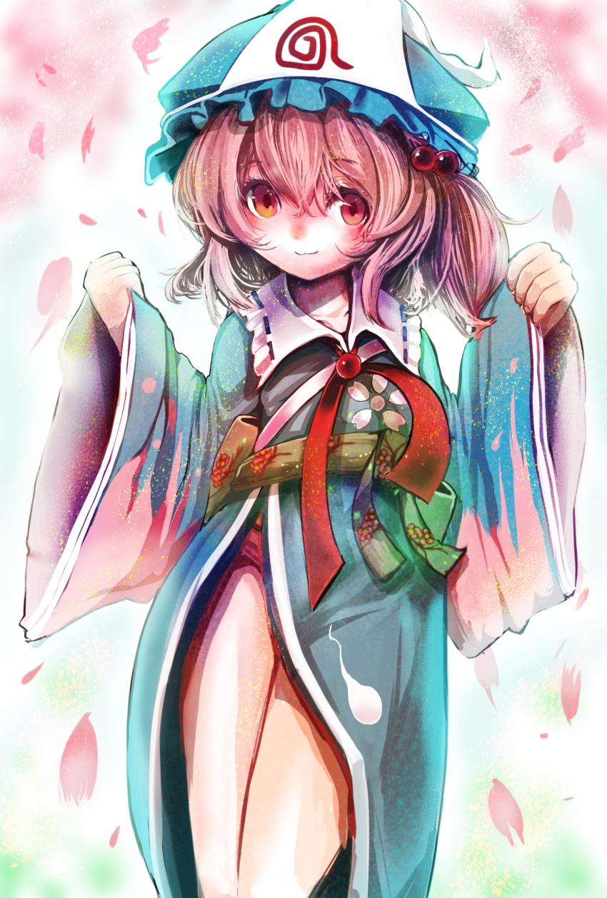 1girl bangs blue_headwear blue_kimono blush closed_mouth commentary_request feet_out_of_frame green_sash hair_between_eyes hat highres japanese_clothes jonasan_(bad-t) kimono long_hair looking_at_viewer mob_cap one_side_up original petals pink_eyes pink_hair saigyouji_suzuko sash smile solo touhou triangular_headpiece wide_sleeves