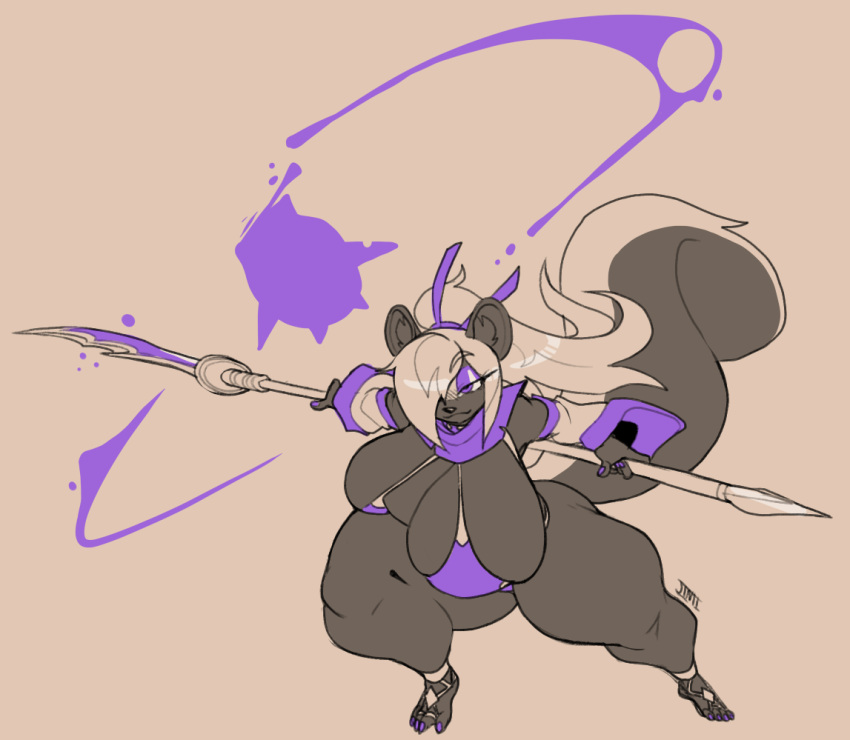 anthro big_breasts breasts clothed clothing female hair hair_over_eye holding_polearm huge_breasts jinti_(artist) mammal mephitid one_eye_obstructed skunk solo thick_thighs