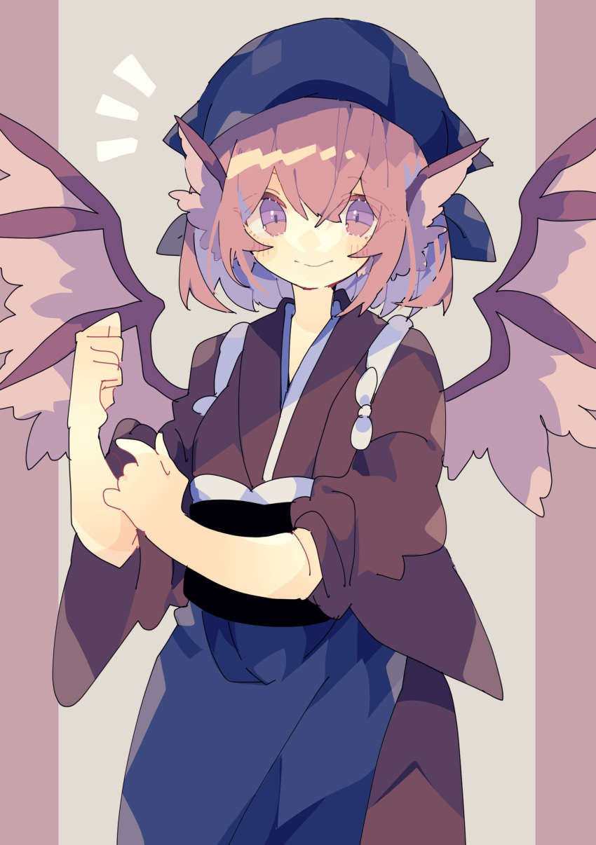 1girl animal_ears bird_ears bird_wings blush closed_mouth hair_between_eyes highres japanese_clothes long_sleeves mystia_lorelei nikorashi-ka okamisty pink_eyes pink_hair short_hair smile solo touhou upper_body white_wings wide_sleeves wings