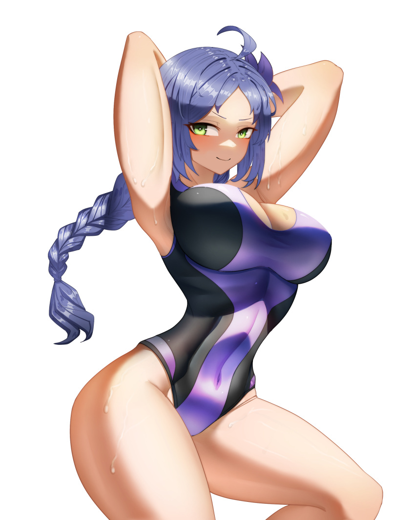 1girl absurdres ahoge alternate_breast_size armpits arms_behind_head blue_hair braid breasts commission flower green_eyes hair_flower hair_ornament highres large_breasts long_hair looking_at_viewer meili_portroute midriff najashi navel older one-piece_swimsuit re:zero_kara_hajimeru_isekai_seikatsu second-party_source single_braid smug solo sweat swimsuit thick_thighs thighs wet