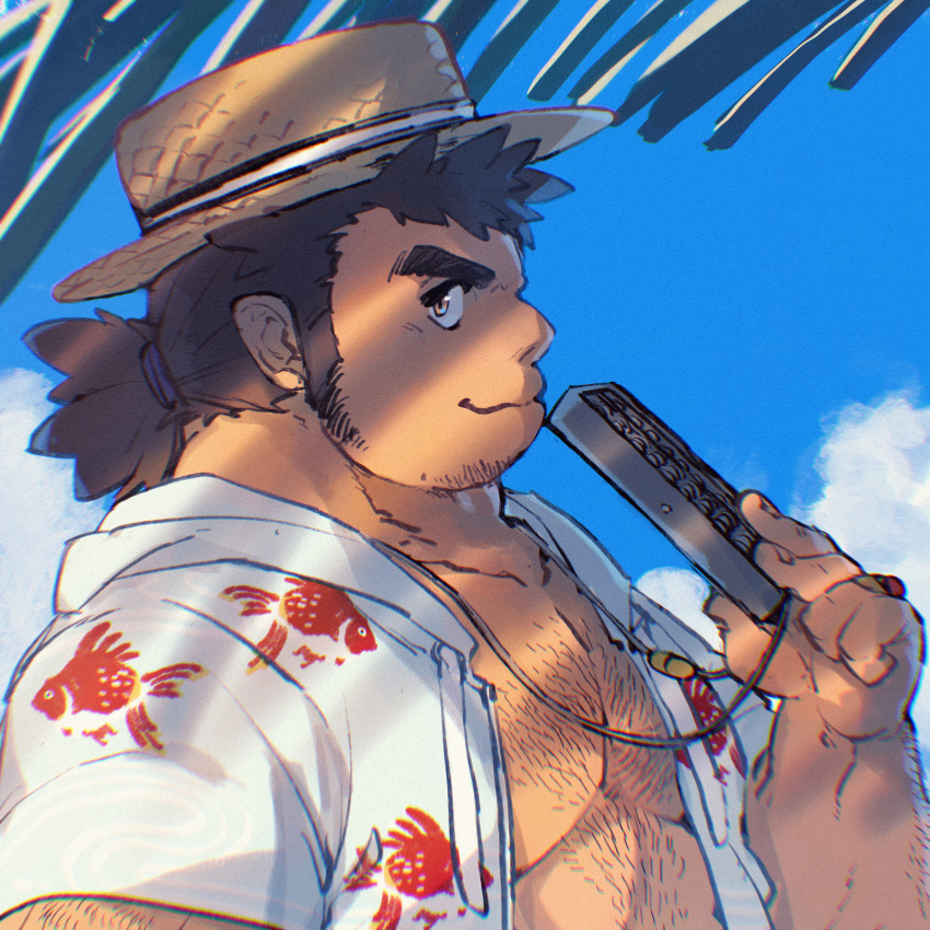 1boy abacus andvari_(housamo) animal_print arm_hair bara brown_eyes brown_hair chest_hair closed_mouth cloud cloudy_sky commentary_request dark-skinned_male dark_skin dwarf fish_print goldfish_print hairy hat highres holding_abacus jewelry jinnai10 long_sideburns looking_at_viewer male_focus muscular muscular_male open_clothes open_shirt plump pointy_ears ponytail ring shade shadow short_hair sideburns sky smile solo thick_eyebrows tokyo_afterschool_summoners upper_body